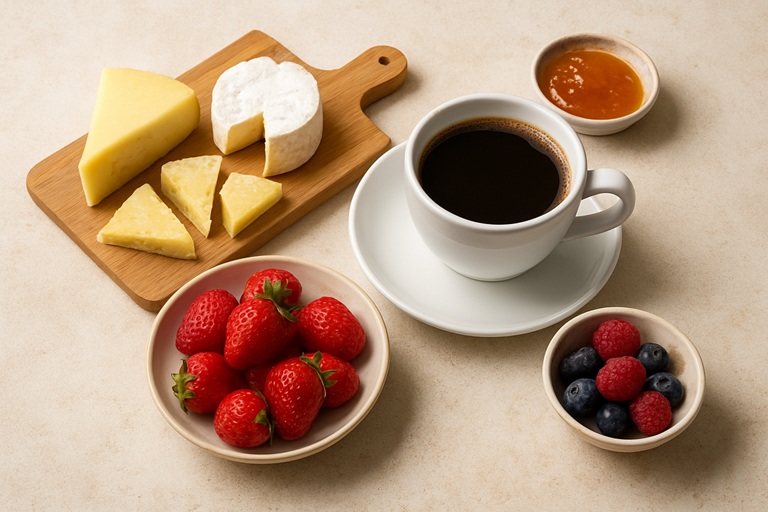 Maridaje de café con quesos y frutas.