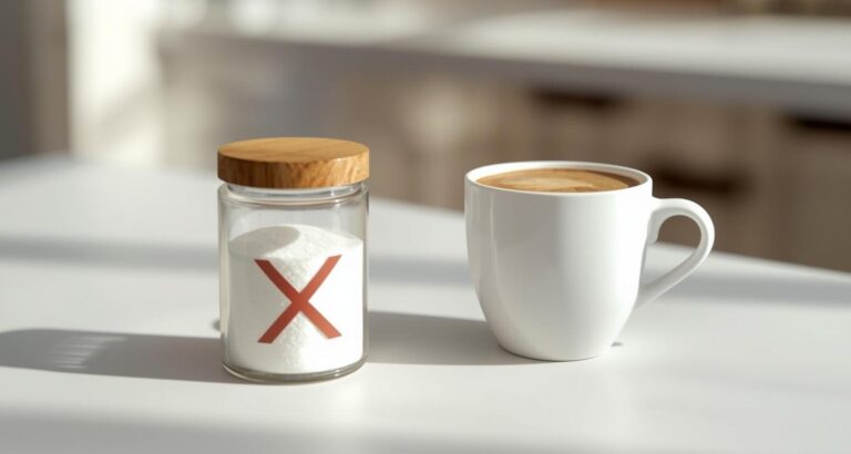 Imagen de una taza de café al lado de un bote de azúcar tachado